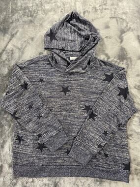 Celestial Star Print Hooded Sweater Pullover Hoodie Top Large Blue Marl Knit